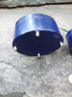 Vintage Lucretia Vanderbilt Metal Cobalt Blue with Silver Butterfly Face Powder Boxes, Set of 2 Oval