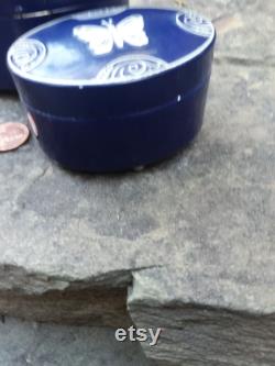 Vintage Lucretia Vanderbilt Metal Cobalt Blue with Silver Butterfly Face Powder Boxes, Set of 2 Oval