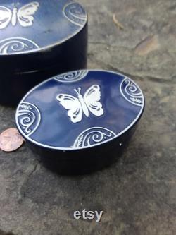 Vintage Lucretia Vanderbilt Metal Cobalt Blue with Silver Butterfly Face Powder Boxes, Set of 2 Oval