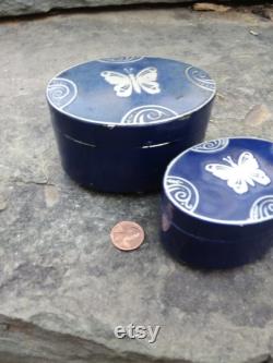 Vintage Lucretia Vanderbilt Metal Cobalt Blue with Silver Butterfly Face Powder Boxes, Set of 2 Oval