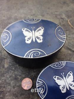 Vintage Lucretia Vanderbilt Metal Cobalt Blue with Silver Butterfly Face Powder Boxes, Set of 2 Oval