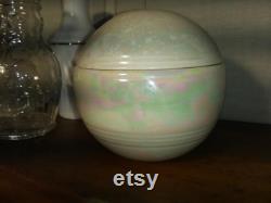 Vintage MCM ceramic lidded powder jar, iridescent white sphere ball. JE, Amar Free Shipping