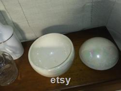 Vintage MCM ceramic lidded powder jar, iridescent white sphere ball. JE, Amar Free Shipping