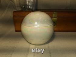Vintage MCM ceramic lidded powder jar, iridescent white sphere ball. JE, Amar Free Shipping