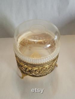 Vintage MINK And PEARLS Powder Box Gold Toned Metal Filigree Stand Jewelry Trinket Box 1960s 1970s Storage Hollywood Regency Ornate Vanity