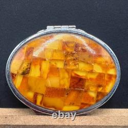 Vintage Makeup Compact Mirror Box Powder Box Metal Decor Genuine Baltic Amber