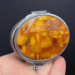 Vintage Makeup Compact Mirror Box Powder Box Metal Decor Genuine Baltic Amber