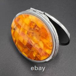 Vintage Makeup Compact Mirror Box Powder Box Metal Decor Genuine Baltic Amber
