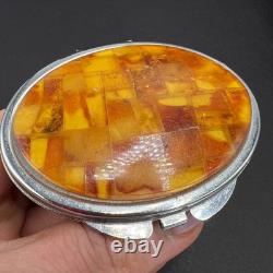 Vintage Makeup Compact Mirror Box Powder Box Metal Decor Genuine Baltic Amber