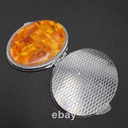 Vintage Makeup Compact Mirror Box Powder Box Metal Decor Genuine Baltic Amber