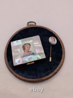 Vintage Marhill Mother Of Pearl Hand Painted Victorian Compact With Matching