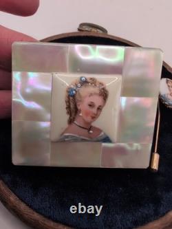 Vintage Marhill Mother Of Pearl Hand Painted Victorian Compact With Matching