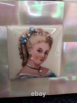 Vintage Marhill Mother Of Pearl Hand Painted Victorian Compact With Matching