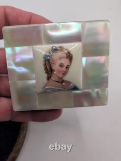 Vintage Marhill Mother Of Pearl Hand Painted Victorian Compact With Matching