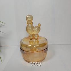 Vintage Marigold Poodle Powder Jar and Lid, Jeannette Glass Trinket Box Carnival
