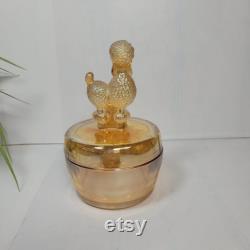 Vintage Marigold Poodle Powder Jar and Lid, Jeannette Glass Trinket Box Carnival