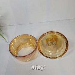 Vintage Marigold Poodle Powder Jar and Lid, Jeannette Glass Trinket Box Carnival