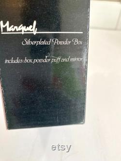 Vintage Marquel Silver plated Powder Box Mirror and Powder Puff Made in Hong Kong In Box