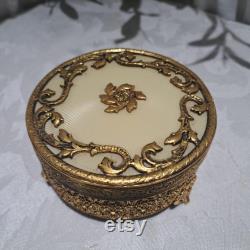 Vintage Matson 24K Hollywood Regency Filigree and Floral Design Footed Round Vanity Dresser Powder Jar With Glass Insert -Boudoir Accessories