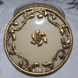 Vintage Matson 24K Hollywood Regency Filigree and Floral Design Footed Round Vanity Dresser Powder Jar With Glass Insert -Boudoir Accessories