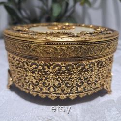 Vintage Matson 24K Hollywood Regency Filigree and Floral Design Footed Round Vanity Dresser Powder Jar With Glass Insert -Boudoir Accessories