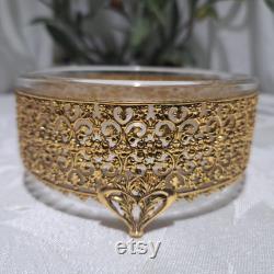 Vintage Matson 24K Hollywood Regency Filigree and Floral Design Footed Round Vanity Dresser Powder Jar With Glass Insert -Boudoir Accessories