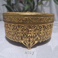 Vintage Matson 24K Hollywood Regency Filigree and Floral Design Footed Round Vanity Dresser Powder Jar With Glass Insert -Boudoir Accessories