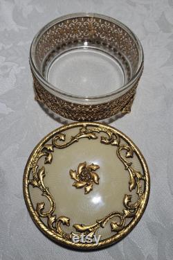 Vintage Matson 24K Hollywood Regency Filigree and Floral Design Footed Round Vanity Dresser Powder Jar With Glass Insert -Boudoir Accessories