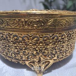 Vintage Matson 24K Hollywood Regency Filigree and Floral Design Footed Round Vanity Dresser Powder Jar With Glass Insert -Boudoir Accessories