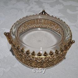 Vintage Matson 24K Hollywood Regency Filigree and Floral Design Footed Round Vanity Dresser Powder Jar With Glass Insert -Boudoir Accessories