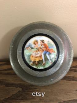 Vintage Metal Face Powder Box for Vanity with Painted Cameo