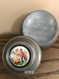 Vintage Metal Face Powder Box for Vanity with Painted Cameo