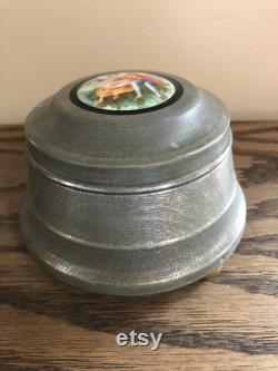 Vintage Metal Face Powder Box for Vanity with Painted Cameo