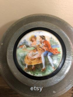 Vintage Metal Face Powder Box for Vanity with Painted Cameo