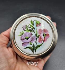 Vintage Metal Trinket Jewelry Box with Hand Decorated Enameled Lid. Lenemalier Powder Box Made in the USSR. Christmas Gift. Collectible.