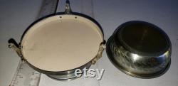 Vintage Metal powder puff holder and powder jar man and woman on top excellent condition