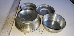 Vintage Metal powder puff holder and powder jar man and woman on top excellent condition