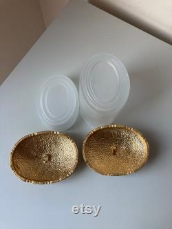 Vintage Mike and Ally Soap Vanity Jar Set Gilded Metal and Enamel Vine Pattern Tops on Frosted Glass Containers