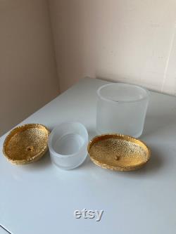 Vintage Mike and Ally Soap Vanity Jar Set Gilded Metal and Enamel Vine Pattern Tops on Frosted Glass Containers