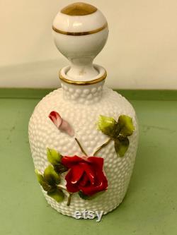 Vintage Milk Glass Perfume Bottle and Powder Jar with Capodimonte Rose Porcelain Vanity Set with Rose Appliqué Powder Box Mother s Day Gift