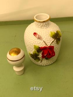 Vintage Milk Glass Perfume Bottle and Powder Jar with Capodimonte Rose Porcelain Vanity Set with Rose Appliqué Powder Box Mother s Day Gift