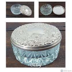 Vintage Mirrored Powder Dish Crystal Glass Jar with Decorative Repousse Silver Mirrored Lid Hollywood Regency Vanity Decor Gift for Women