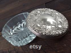 Vintage Mirrored Powder Dish Crystal Glass Jar with Decorative Repousse Silver Mirrored Lid Hollywood Regency Vanity Decor Gift for Women
