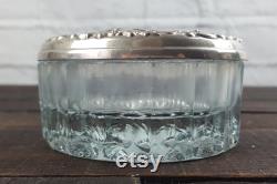 Vintage Mirrored Powder Dish Crystal Glass Jar with Decorative Repousse Silver Mirrored Lid Hollywood Regency Vanity Decor Gift for Women