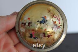 Vintage Mother Of Pearl Hand Painted Powder Box. Silver Tone Metal, Persian Design, Polo Players, Bougie Grandmacore Accessory, Unique Gift.