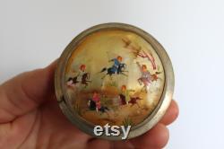 Vintage Mother Of Pearl Hand Painted Powder Box. Silver Tone Metal, Persian Design, Polo Players, Bougie Grandmacore Accessory, Unique Gift.