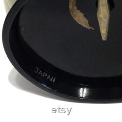 Vintage Music Powder Jewelry Trinket Box with Powder Puff 1950s Japanese Wood Lacquerware Bamboo Design Works