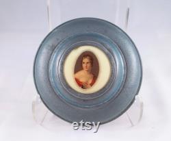 Vintage Musical Powder Box, Blue and Gold Metal With Lady Portrait