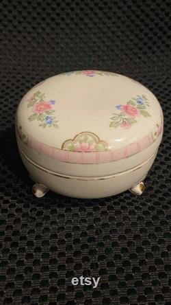Vintage Nippon handpainted footed powder jar box. Pretty colors Art Deco design