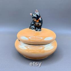 Vintage Noritake Peach Lustre Lidded Dish with Enigmatic Black Cat Lid